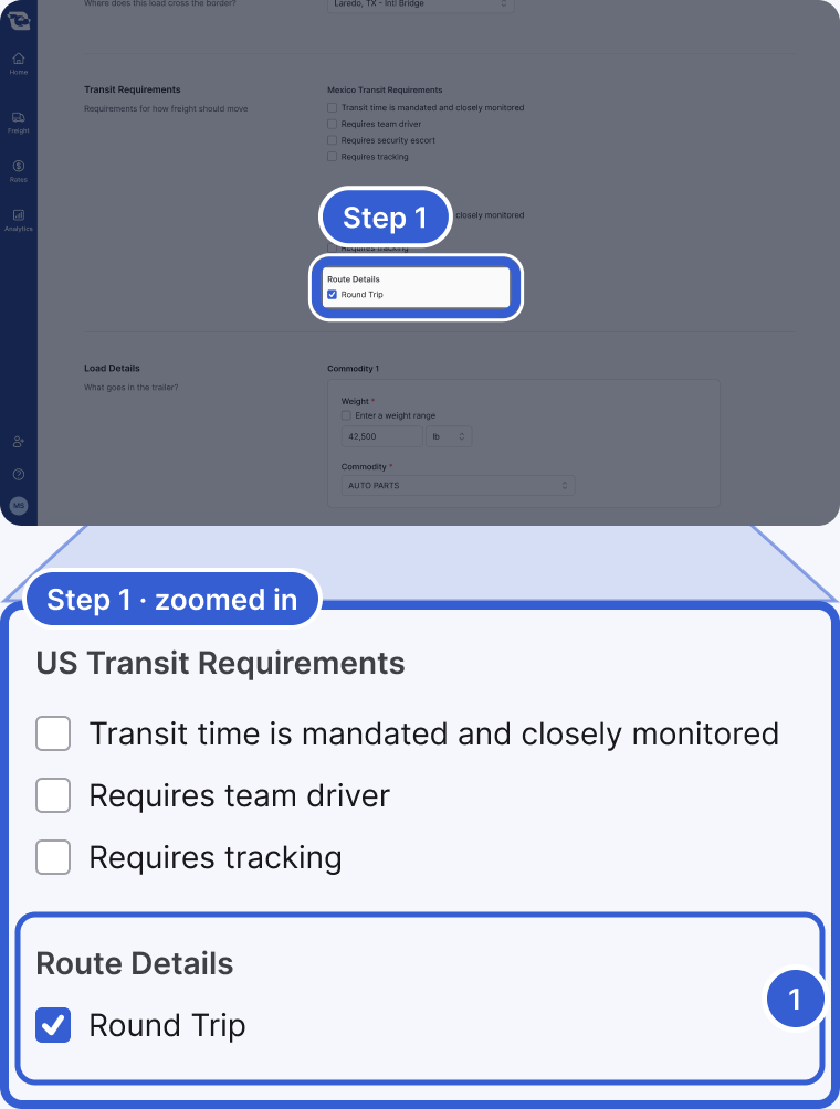 Top: the whole app, dimmed, with Route Details highlighted and marked Step 1. Bottom, zoomed in: US Transit Requirements with three unchecked boxes, then Route Details with Round Trip checked. Badge 1 marks Route Details with Round Trip.