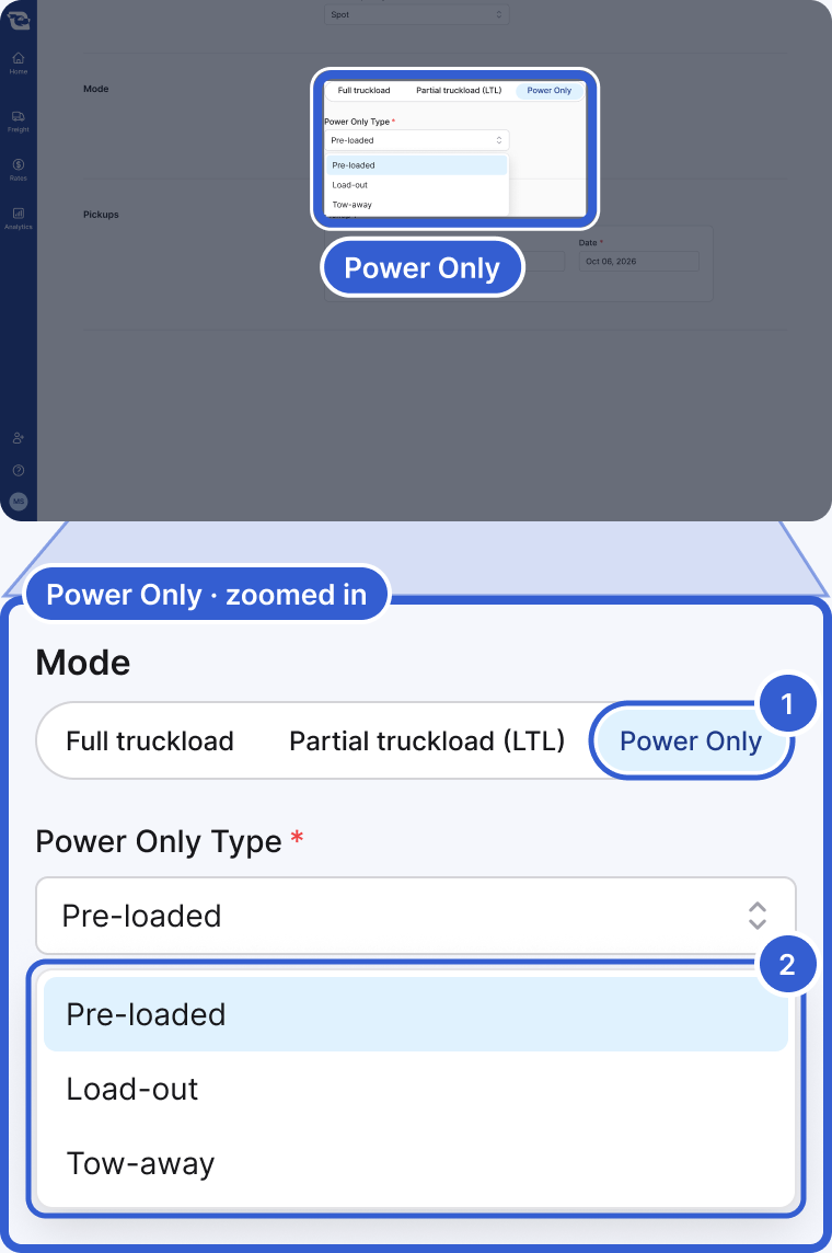 Top: the whole app, dimmed, with the Mode control highlighted and marked Power Only. Bottom, zoomed in: Mode with Full truckload, Partial truckload (LTL) and Power Only selected, then Power Only Type with the list open: Pre-loaded, Load-out and Tow-away. Badge 1 marks Power Only. Badge 2 marks the open list.