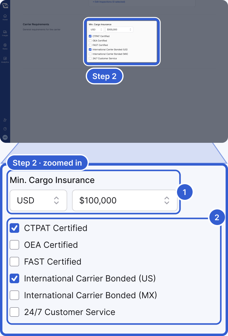 Top: the whole app, dimmed, with the Carrier Requirements section of the posting form highlighted and marked Step 2. Bottom, zoomed in: Min. Cargo Insurance set to USD $100,000, then the certification boxes with CTPAT Certified and International Carrier Bonded (US) checked. Badge 1 marks Min. Cargo Insurance. Badge 2 marks the certification boxes.