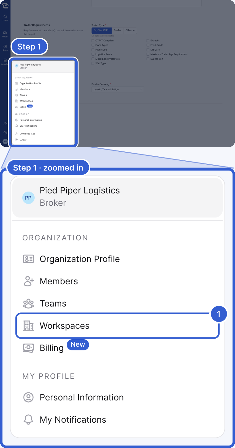 Top: the whole app, dimmed, with the open profile menu highlighted and marked Step 1. Bottom, zoomed in: the profile menu for Pied Piper Logistics with the Organization section (Members, Teams, Workspaces, Billing and, on some accounts, Organization Profile) and the My Profile section. Badge 1 marks Workspaces.