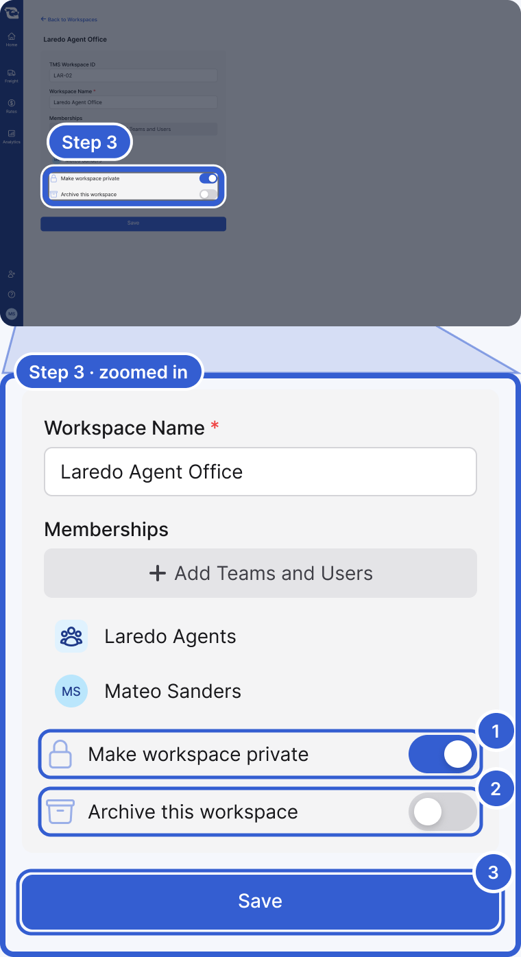 Top: the whole app, dimmed, with the two switches at the bottom of the settings card highlighted and marked Step 3. Bottom, zoomed in: the same settings card with the Make workspace private switch turned on, the Archive this workspace switch turned off and the Save button. Badge 1 marks Make workspace private. Badge 2 marks Archive this workspace. Badge 3 marks Save.