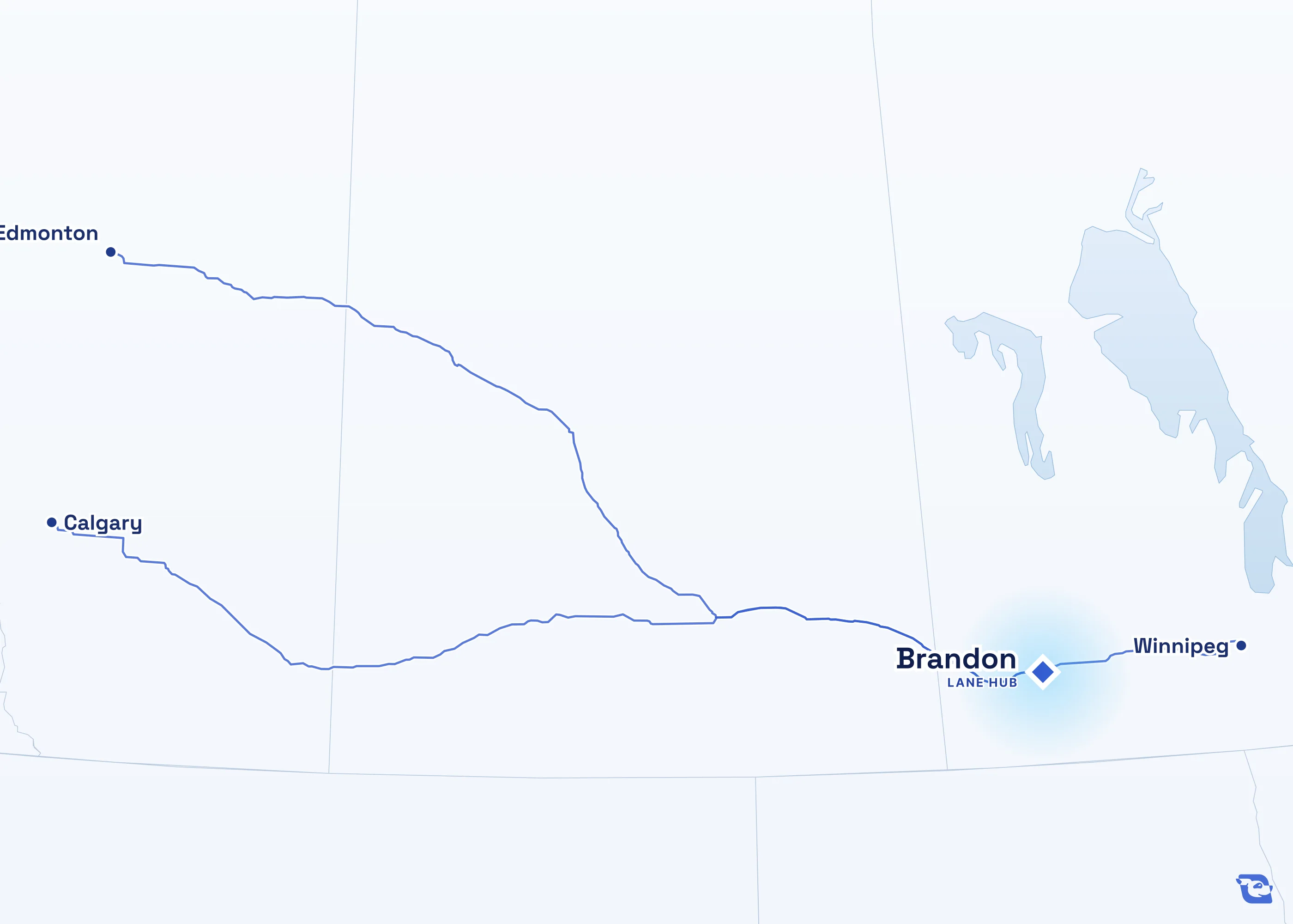 Map of road routes from Brandon to the neighboring lane hubs in Winnipeg, Calgary and Edmonton.