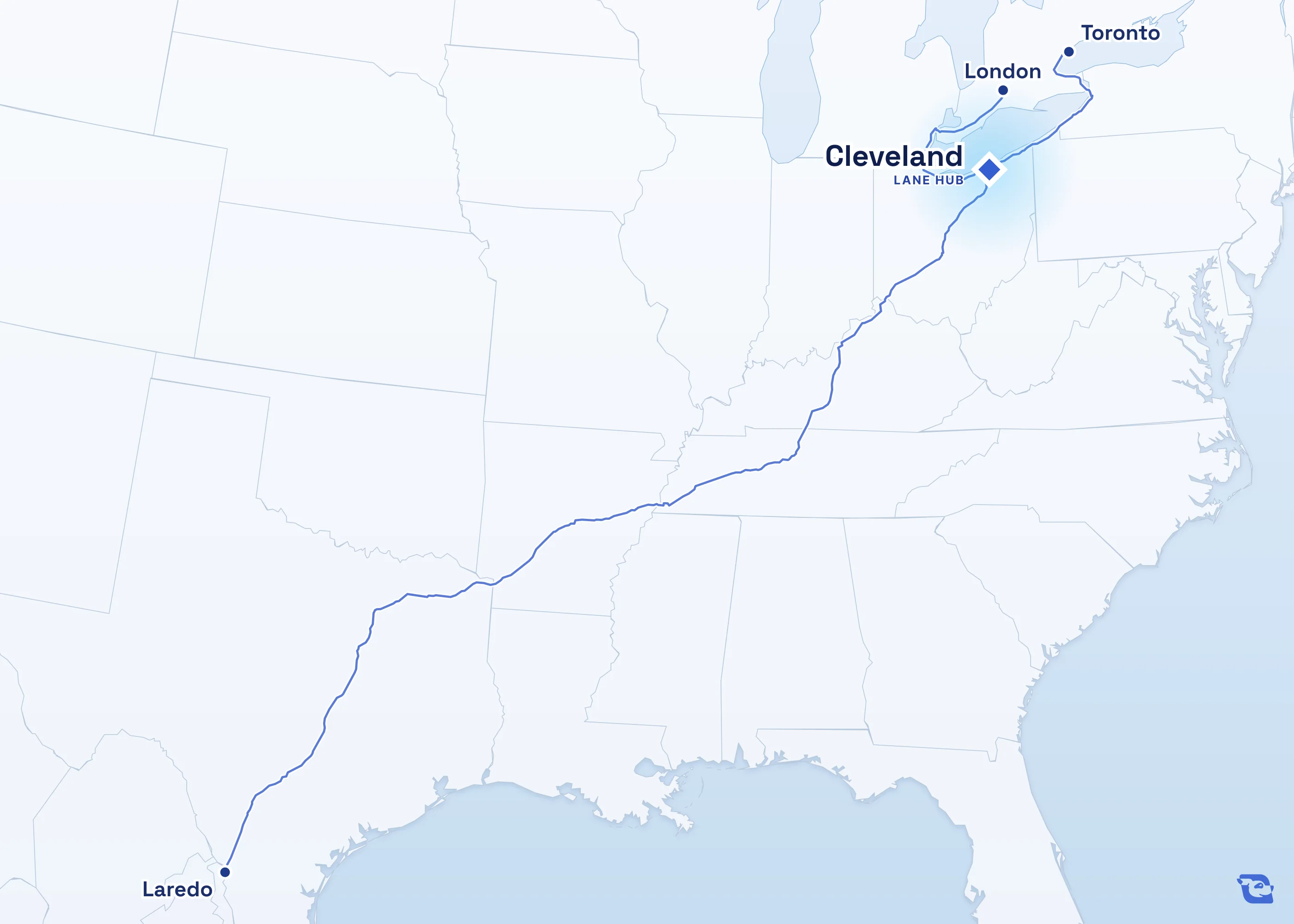 Map of road routes from Cleveland to the neighboring lane hubs in Toronto, London and Laredo.
