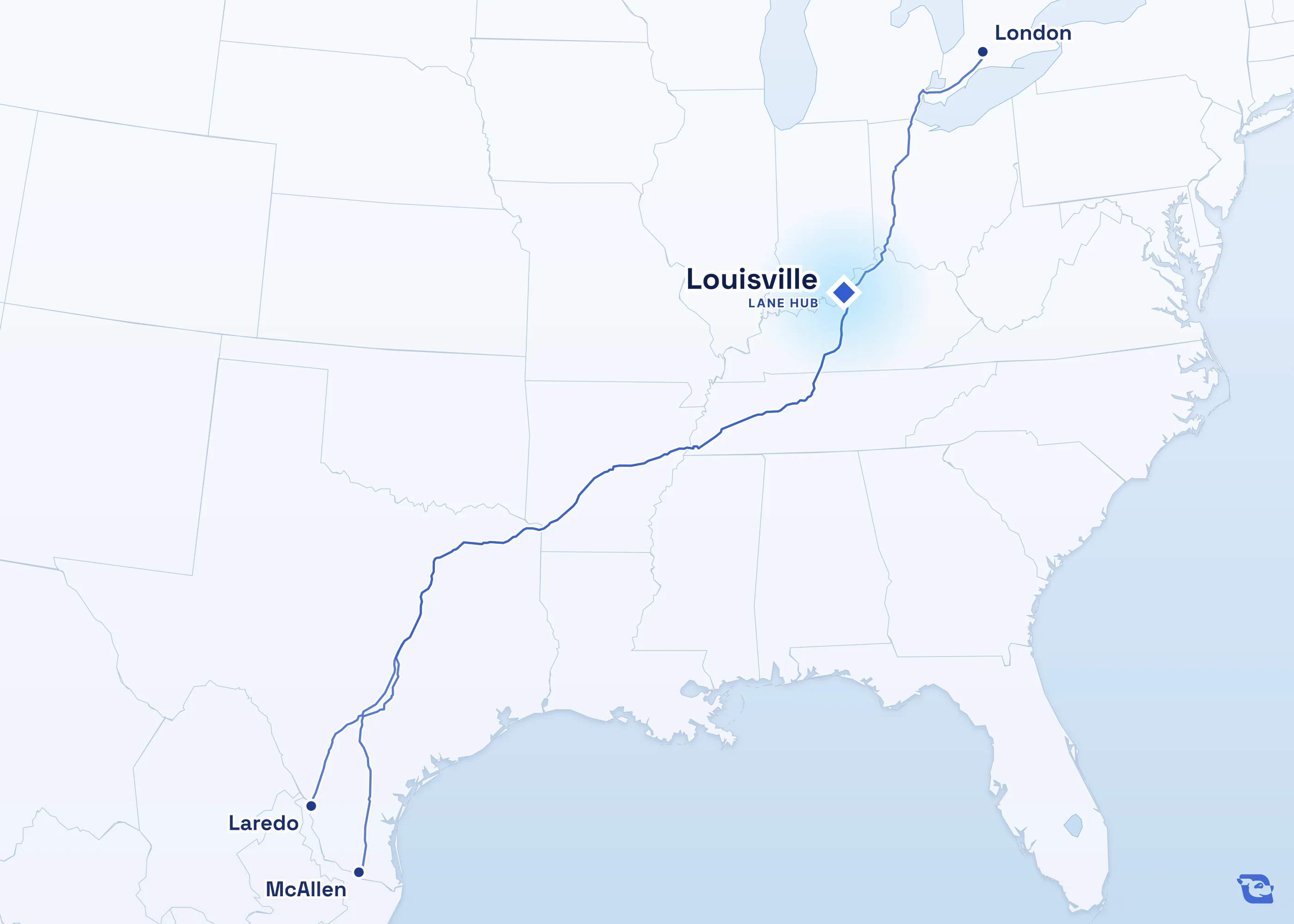 Map of road routes from Louisville to the neighboring lane hubs in Laredo, McAllen and London.