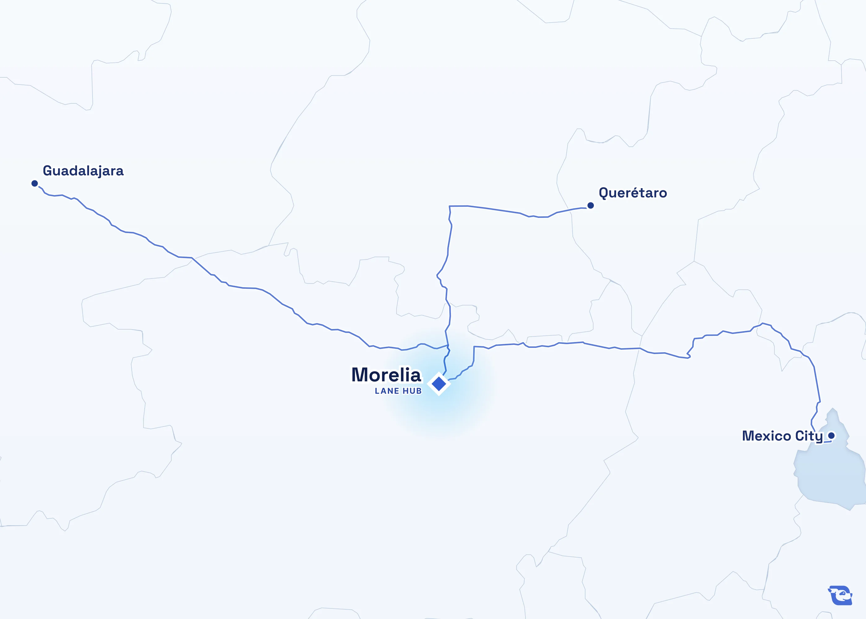 Map of road routes from Morelia to the neighboring lane hubs in Mexico City, Santiago de Querétaro and Guadalajara.