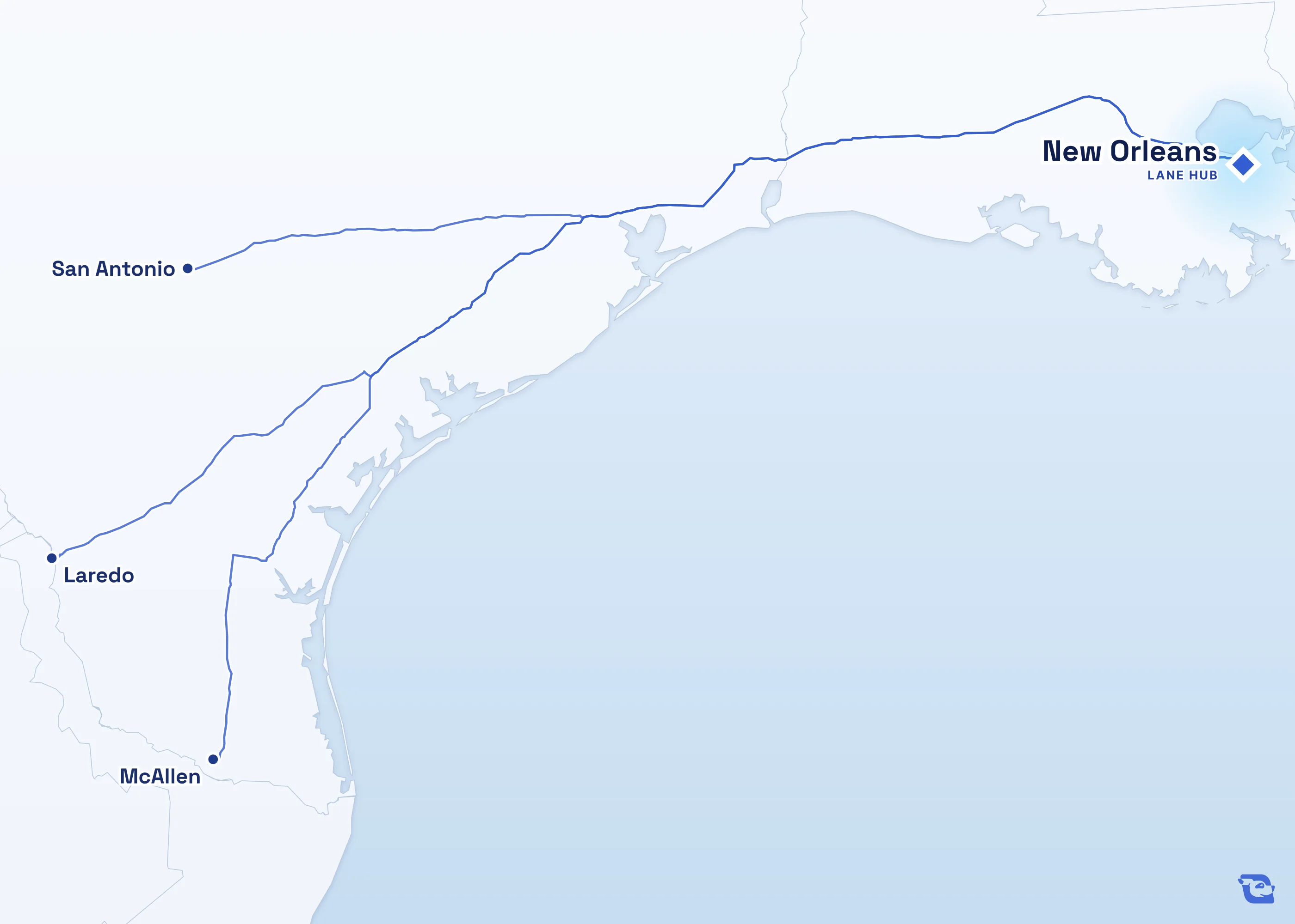 Map of road routes from New Orleans to the neighboring lane hubs in Laredo, San Antonio and McAllen.