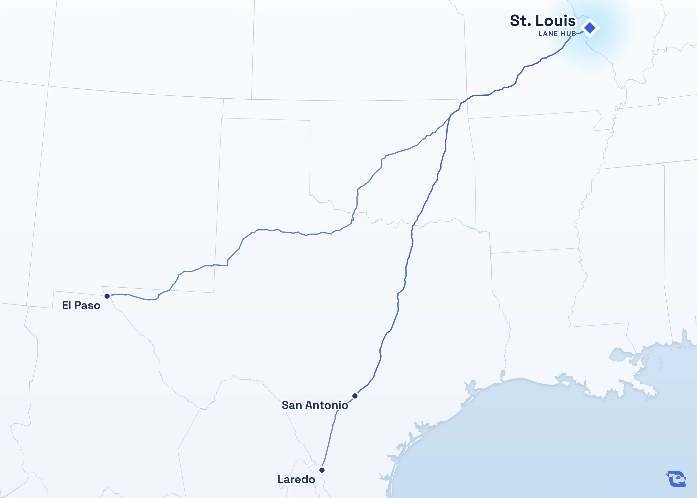 Map of road routes from St. Louis to the neighboring lane hubs in Laredo, San Antonio and El Paso.