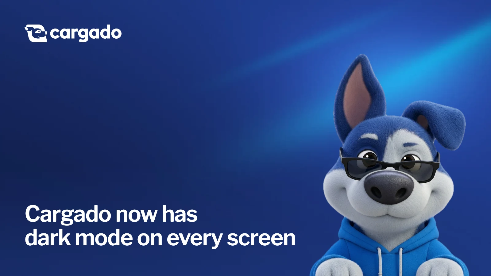 Cargado now has dark mode on every screen. Meatball, the Cargado dog, peeking over a pair of sunglasses.