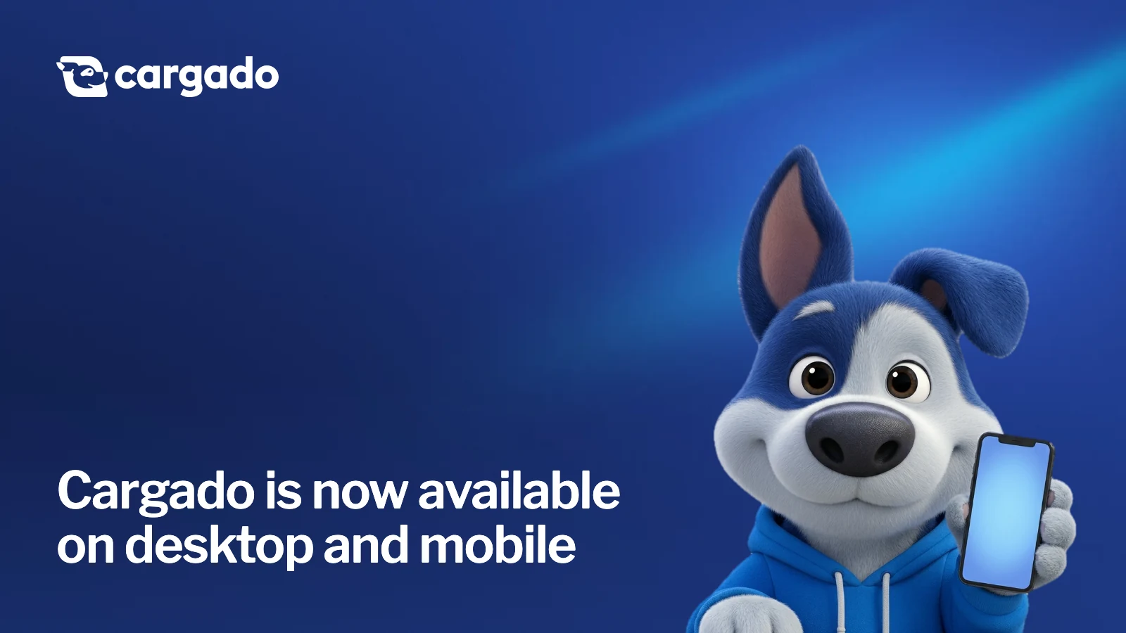 Cargado is now available on desktop and mobile. Meatball, the Cargado dog, holding up a phone.