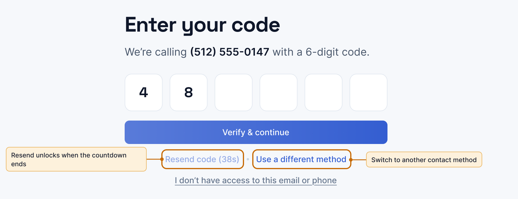 The Enter your code screen with six code boxes, the Resend code countdown highlighted and the Use a different method link highlighted.