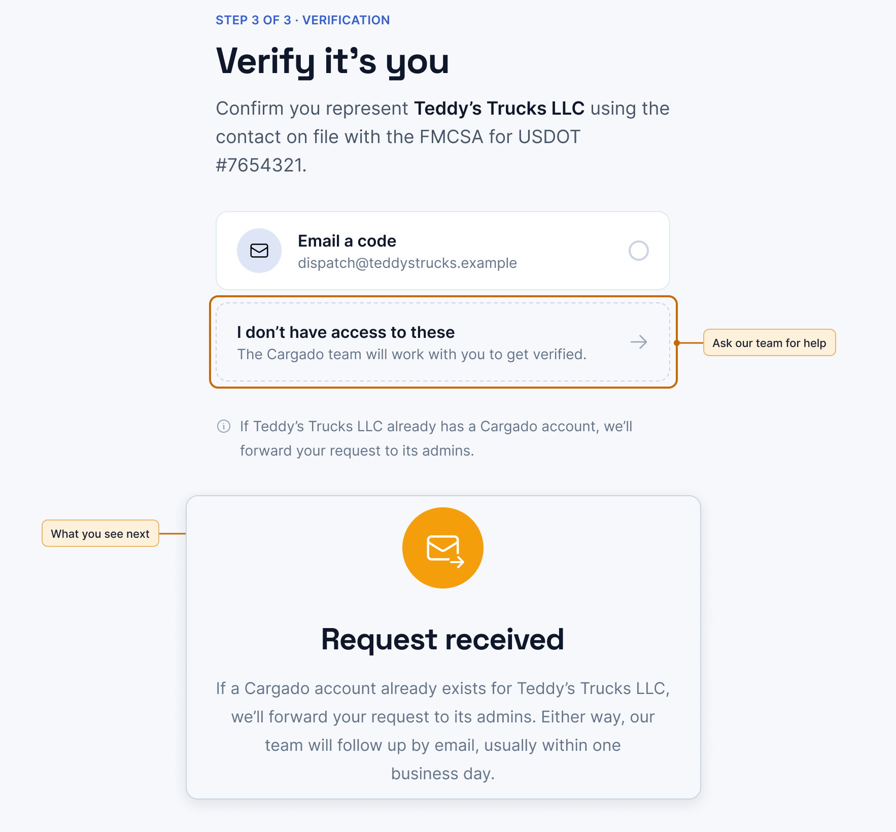 The Verify it's you screen with I don't have access to these highlighted, and below it the Request received screen it leads to.