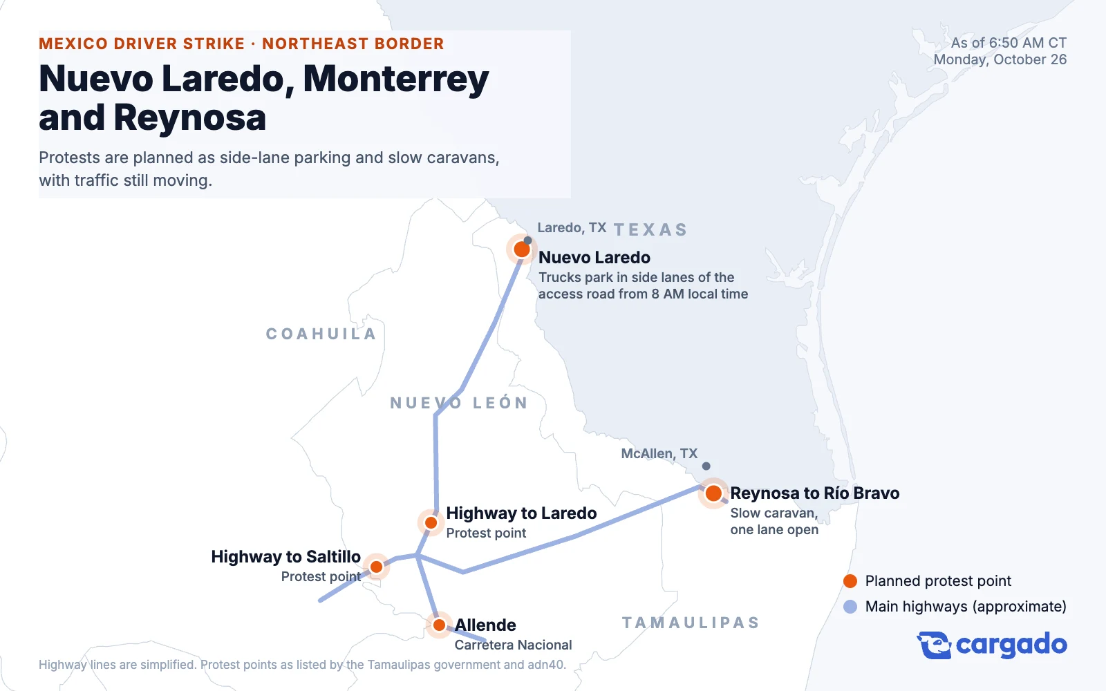 Map of the northeast border showing planned protest points at Nuevo Laredo, on the highways from Monterrey to Laredo and Saltillo, at Allende, and between Reynosa and Río Bravo.