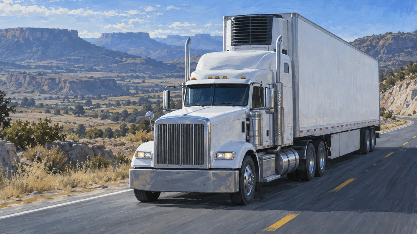 Painted illustration of a white refrigerated tractor-trailer, reefer unit on the trailer front, on a two-lane highway through dry highlands and mesas.