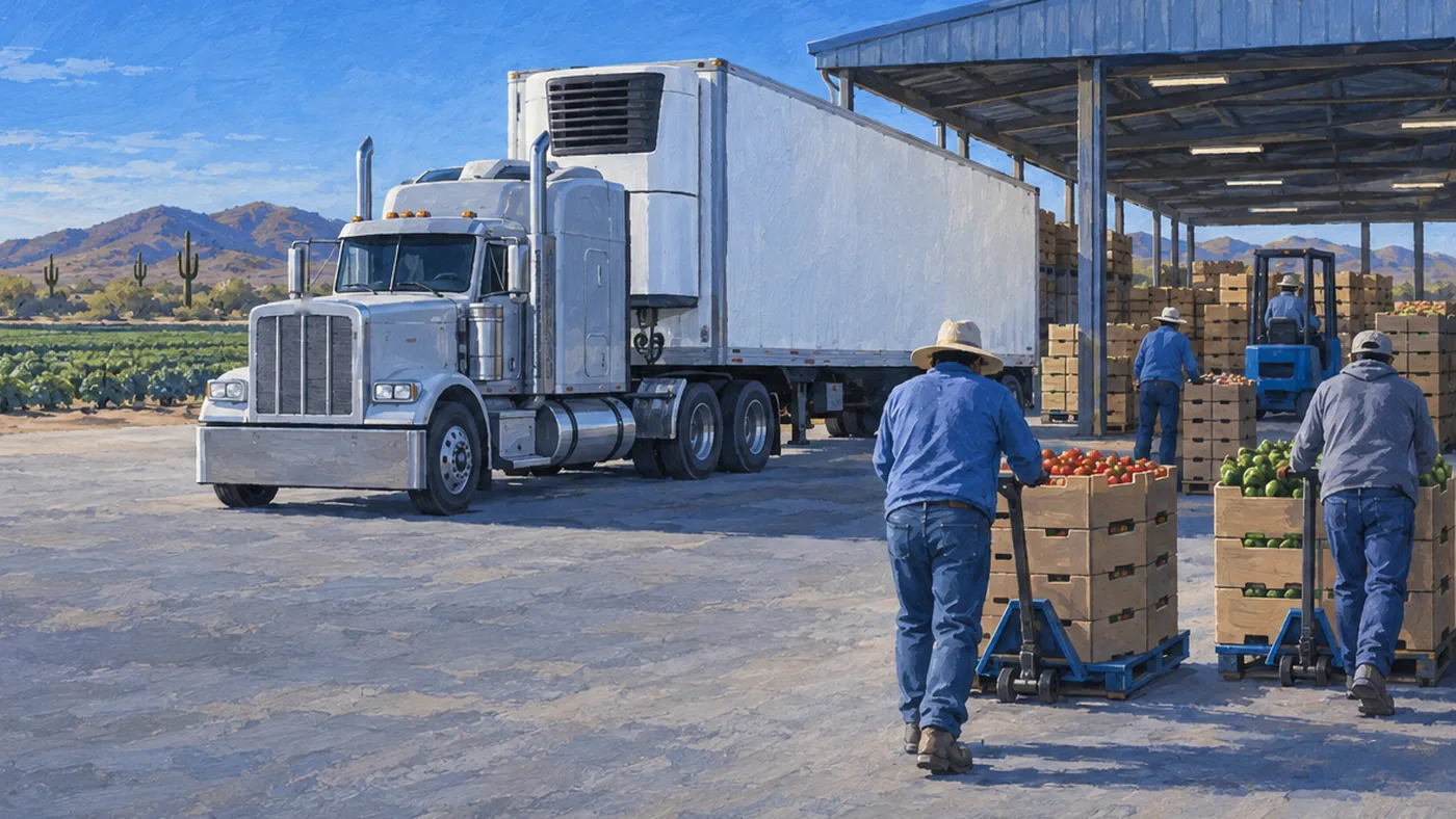 Painted illustration of packing-shed workers moving pallets of tomatoes and peppers toward a white reefer truck.