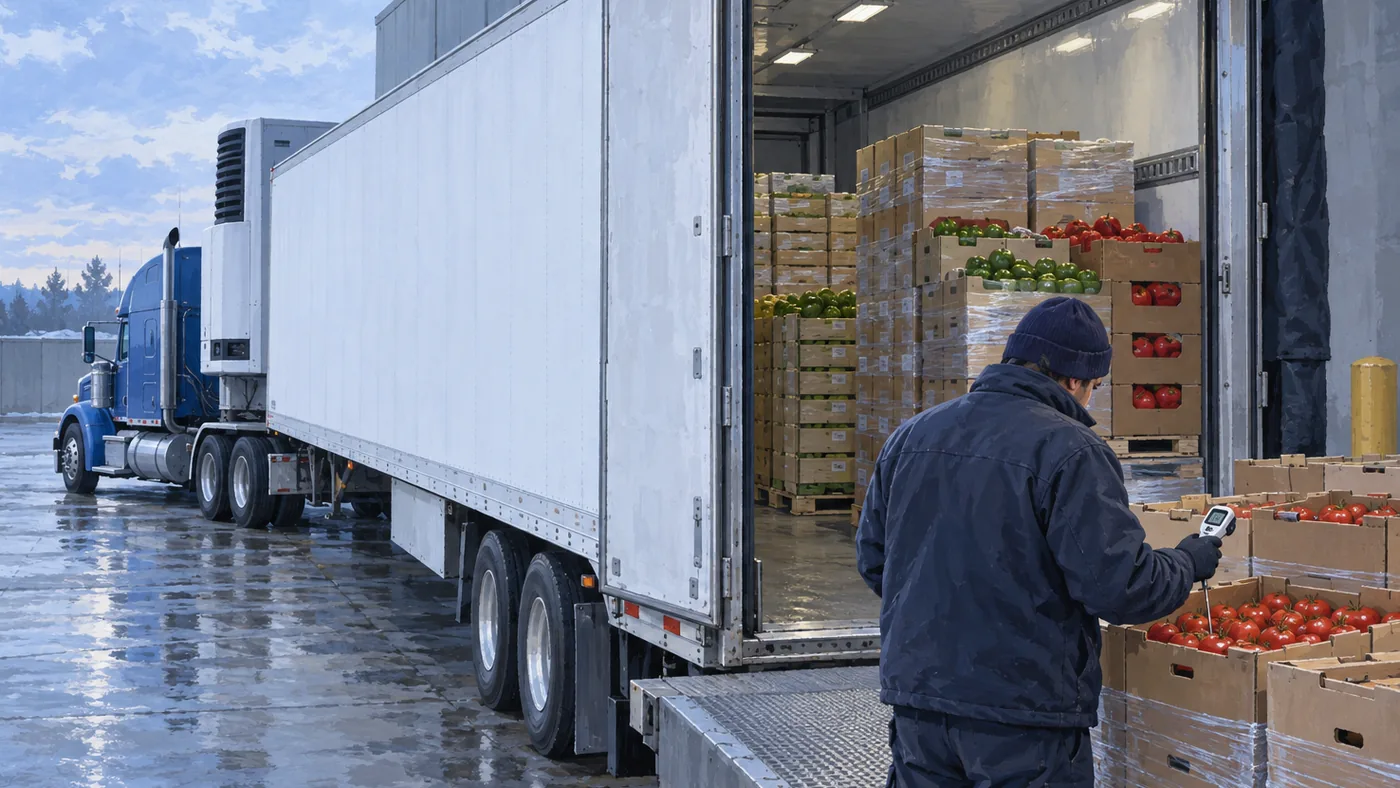 Painted illustration of an inspector taking the pulp temperature of tomatoes at the open doors of a refrigerated trailer backed to a receiving dock.