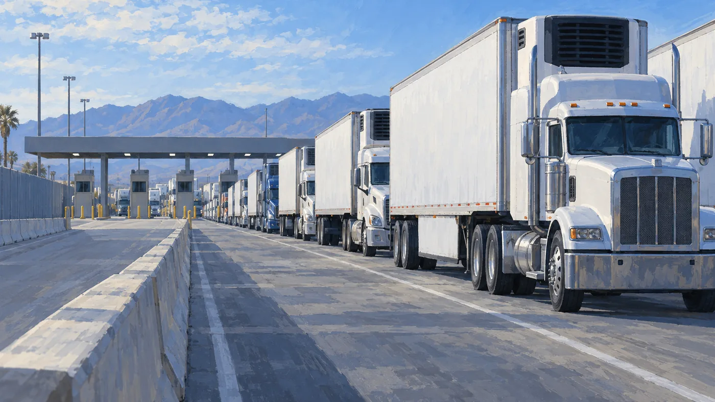 Painted illustration of refrigerated tractor-trailers queued nose to tail toward the inspection booths and canopy of a commercial border crossing.