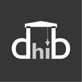 White and gray logo with lowercase letters ’dhib’ styled as a crane hook lifting the letter ’i’ inside a dark square background.