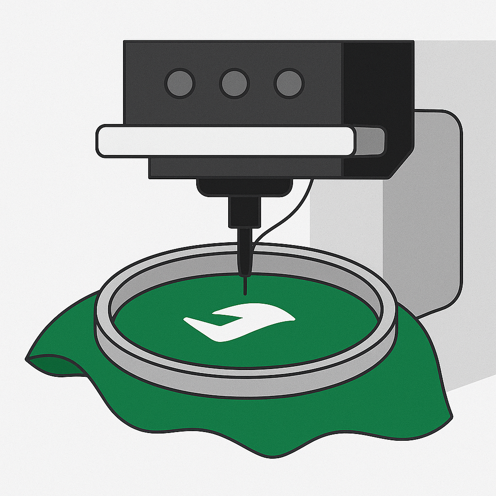 Grafik einer Stick- oder Druckmaschine, die ein Logo auf Stoff aufbringt – steht für die Veredelung von Textilien.