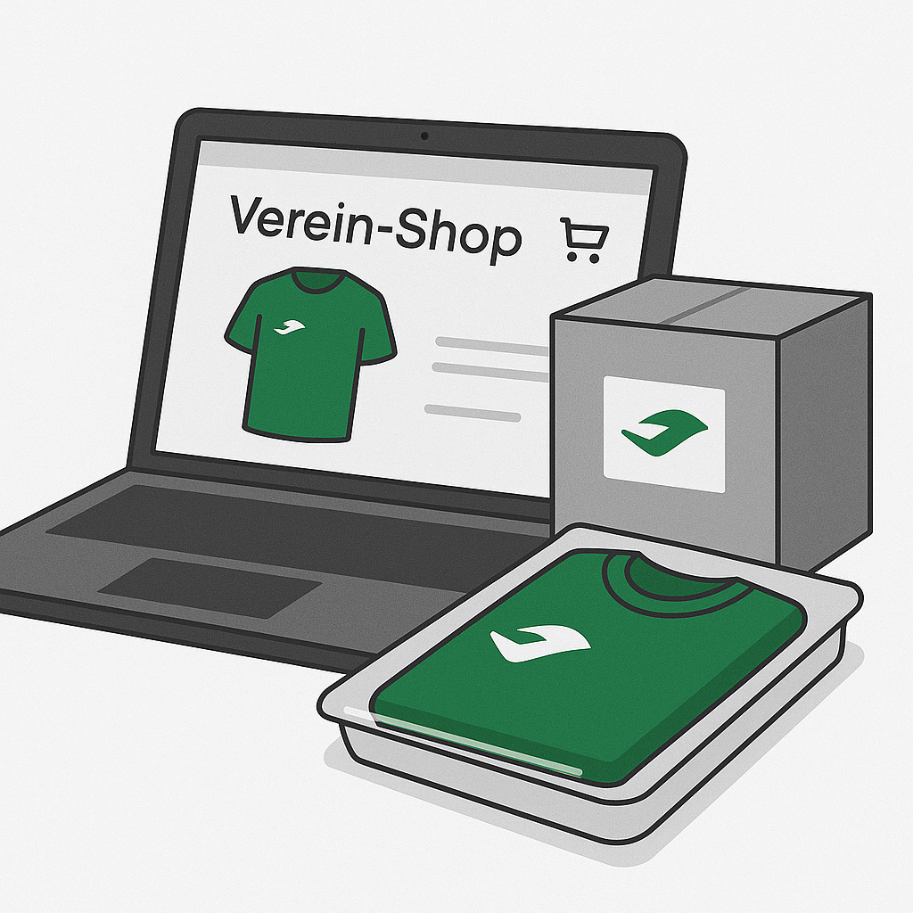 Darstellung eines Laptops mit Onlineshop, Karton und zusammengelegtem T-Shirt – symbolisiert Online-Shop und Versandprozess.