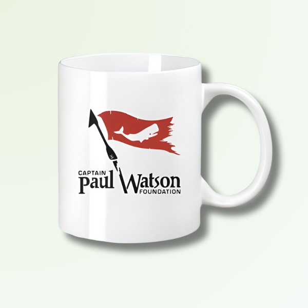 Weiße Tasse bedruckt mit dem Paul Watson Logo