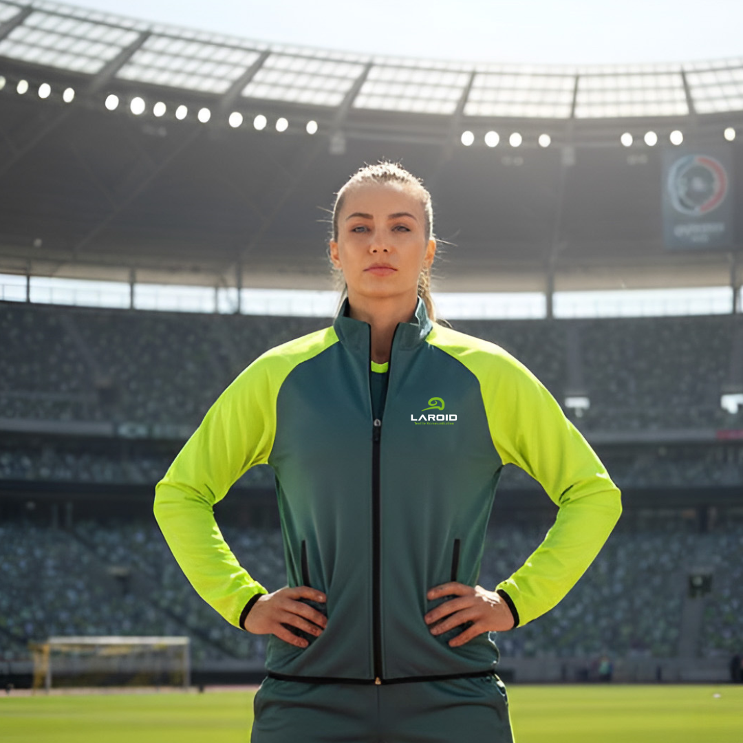 Eine Frau, die im Laroid-Trainingsanzug im Stadion posiert.