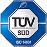 Logo TÜV SÜD ISO 14001 modrý a bílý symbol certifikace environmentálního managementu.