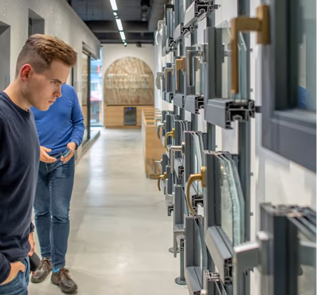 Dva muži prohlížejí různé vzorky okenních rámů a klik v moderní vzorkovně.