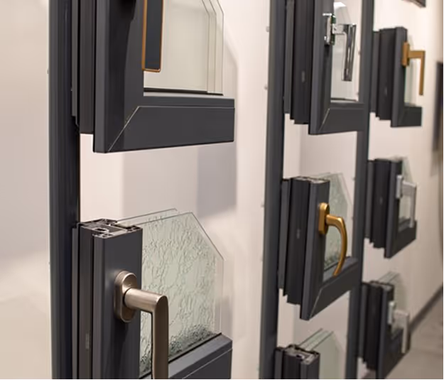 Detailní záběr na vzorky okenních profilů s různými kovovými klikami a izolačním sklem na výstavní stěně.