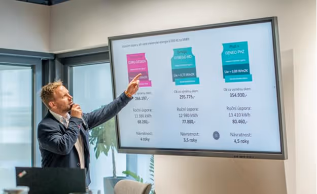 Muž v obleku ukazuje na graf na velké obrazovce v kanceláři.