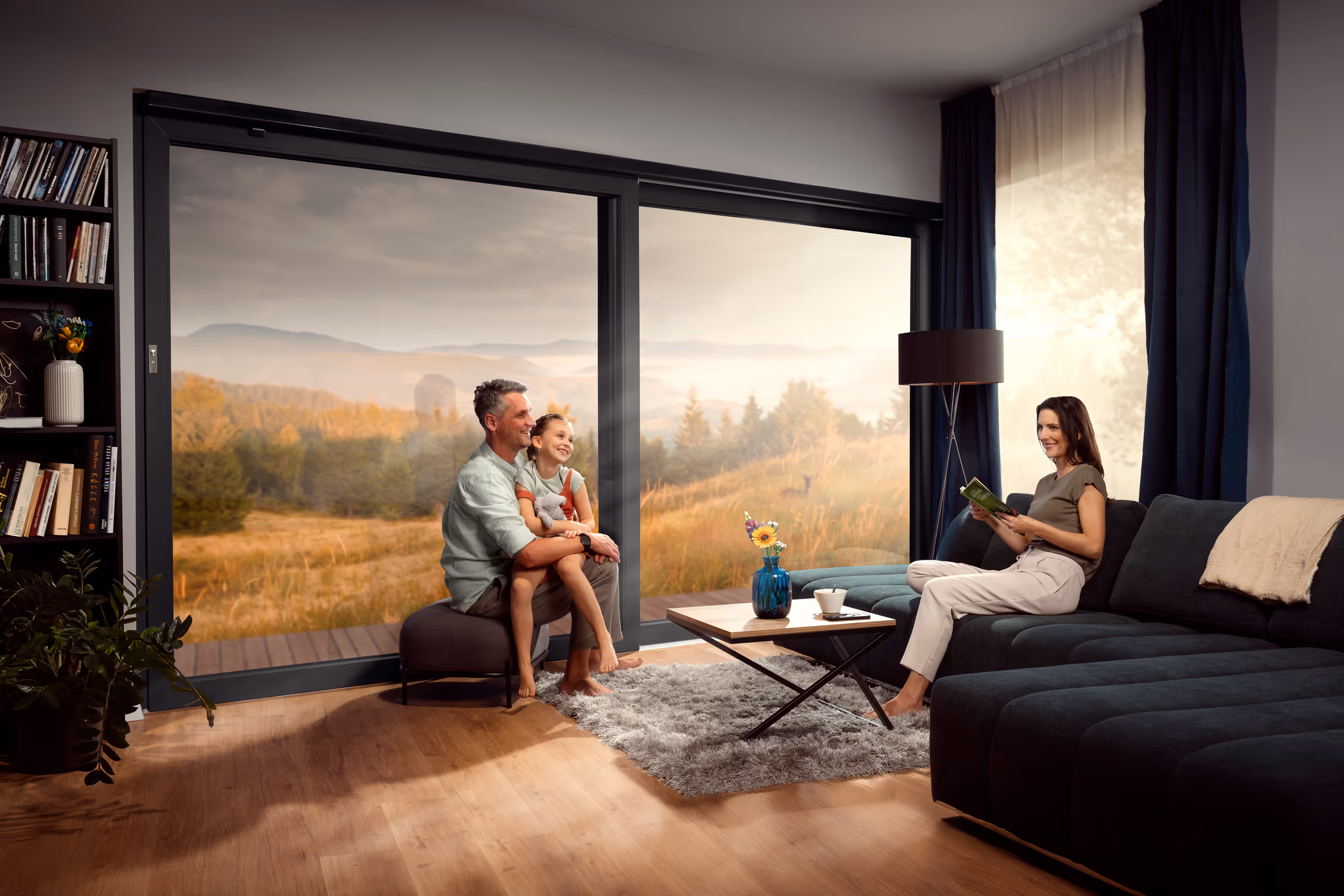 Muž sedí na stolici s dívkou na klíně u velkého okna s výhledem na podzimní krajinu, žena sedí na pohovce a čte knihu.