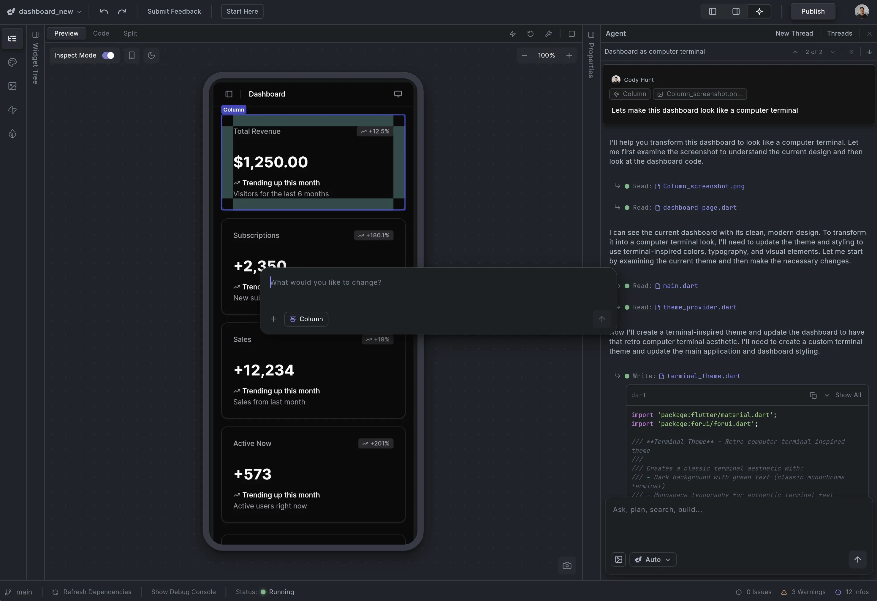 Dark mode dashboard preview on a mobile device showing Total Revenue, Subscriptions, Sales, and Active Now metrics with trends, alongside code editor and chat interface for transforming the dashboard style.