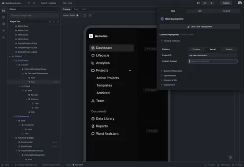 Dark-themed software development dashboard showing widget tree on left, sidebar menu with sections like Dashboard, Lifecycle, Analytics, Projects, Team, and documents, and a web deployment configuration panel for platform selection and project setup.