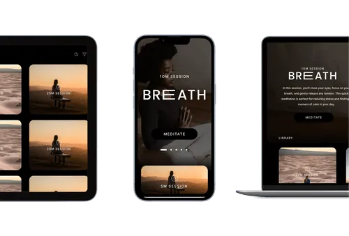 Tablet, smartphone, and laptop displaying a meditation app with sessions titled 'BREATH' for 10 minutes and 20 minutes.