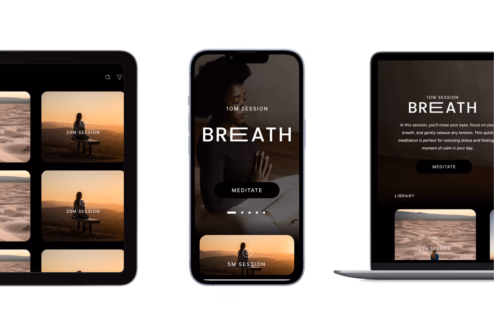 Tablet, smartphone, and laptop displaying a meditation app with sessions titled 'BREATH' for 10 minutes and 20 minutes.