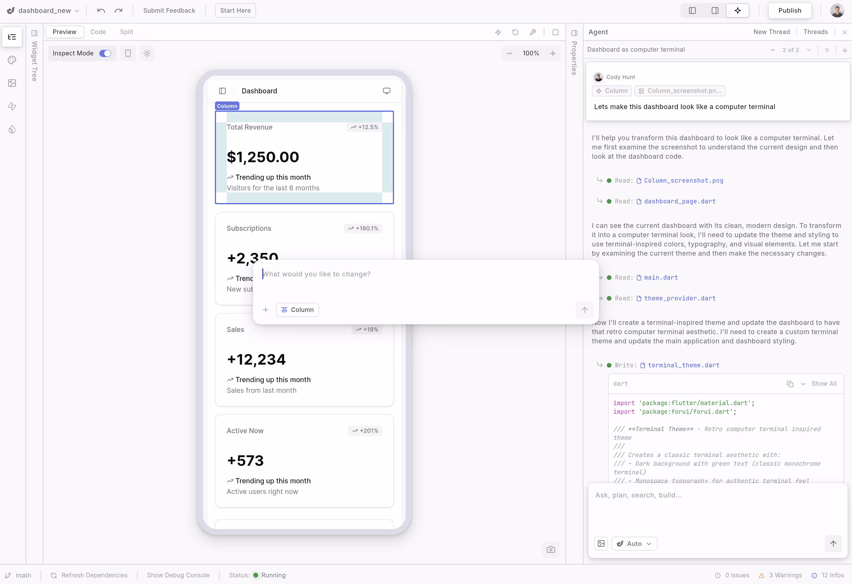 Screenshot of a dashboard builder interface showing a mobile dashboard preview with widgets for Total Revenue $1,250, Subscriptions +2,350, Sales +12,234, and Active Now +573, with some code and chat interface on the right side.