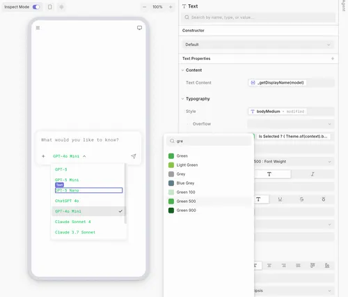 Mobile app interface with a text input asking 'What would you like to know?' and a dropdown menu showing AI model options including GPT-5, GPT-5 Mini, GPT-5 Nano, ChatGPT 4o, GPT-4o Mini, Claude Sonnet 4, and Claude 3.7 Sonnet, alongside a UI for text styling and color selection with green tones highlighted.