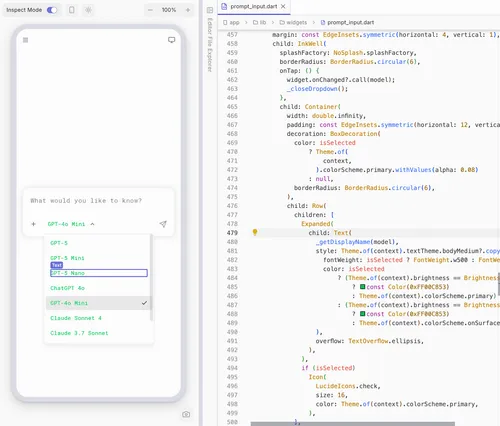 Mobile screen with a dropdown menu showing AI model options including GPT-5, GPT-5 Mini, GPT-5 Nano, ChatGPT 4o, GPT-4o Mini (selected), Claude Sonnet 4, and Claude 3.7 Sonnet.