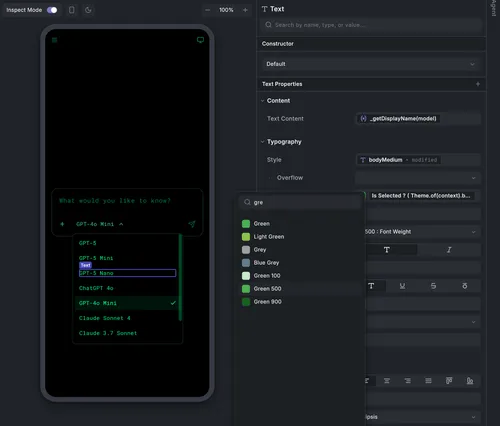 Dark-themed UI showing a mobile device with a dropdown menu listing AI models including GPT-5, GPT-5 Mini, GPT-5 Nano, GPT-4o Mini selected, ChatGPT 4o, Claude Sonnet 4, and Claude 3.7 Sonnet, alongside a color picker with green shades.