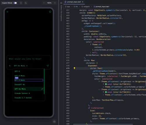 Mobile app interface showing a dark-themed dropdown menu to select AI models like GPT-5, GPT-4o Mini, and Claude Sonnet, alongside Dart code in an editor on the right.