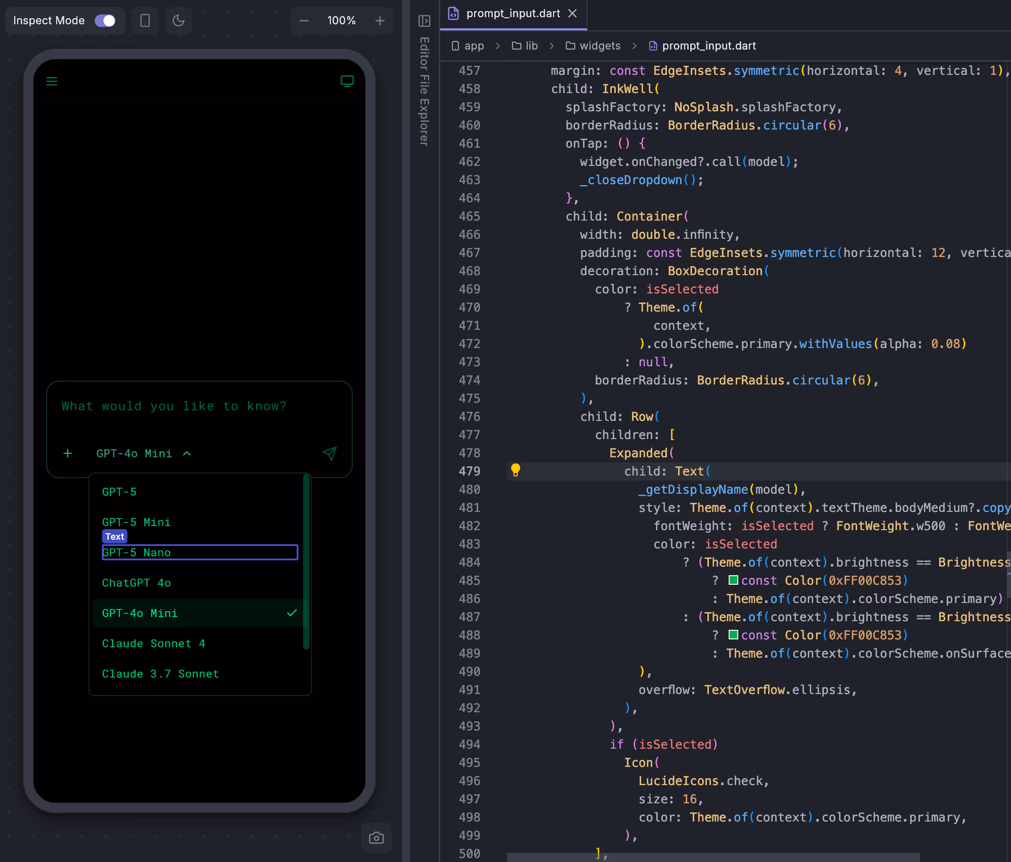 Mobile app interface showing a dark-themed dropdown menu to select AI models like GPT-5, GPT-4o Mini, and Claude Sonnet, alongside Dart code in an editor on the right.