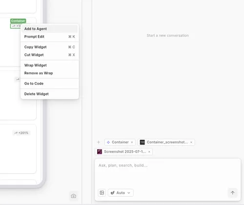 Context menu with options: Add to Agent, Prompt Edit, Copy Widget, Cut Widget, Wrap Widget, Remove as Wrap, Go to Code, Delete Widget on a UI panel.