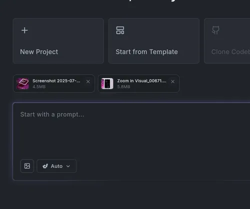 User interface showing options for 'New Project' and 'Start from Template' with two uploaded files and a prompt input box labeled 'Start with a prompt...'.