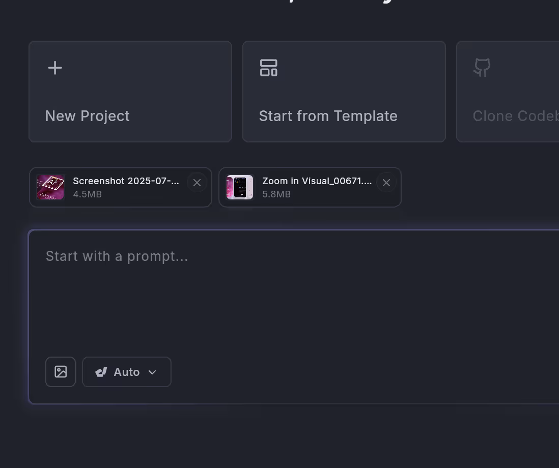 User interface showing options for 'New Project' and 'Start from Template' with two uploaded files and a prompt input box labeled 'Start with a prompt...'.