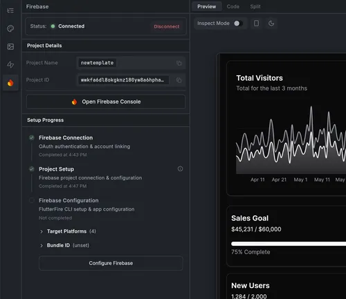 Firebase project setup interface showing project name 'newtemplate', project ID, connection status as connected, setup progress with completed Firebase Connection and Project Setup, and incomplete Firebase Configuration.
