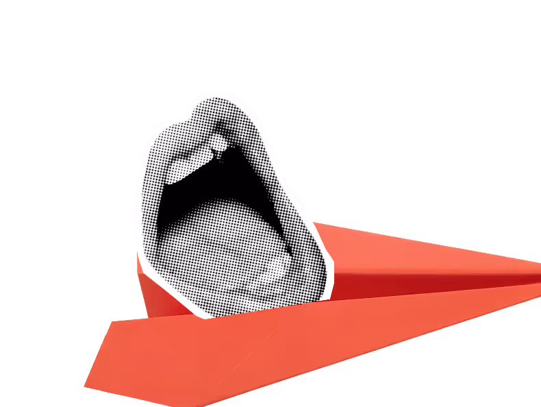 Svart-hvitt punktmønster av åpen munn med synlig tunge plassert på toppen av et rødt papirfly.