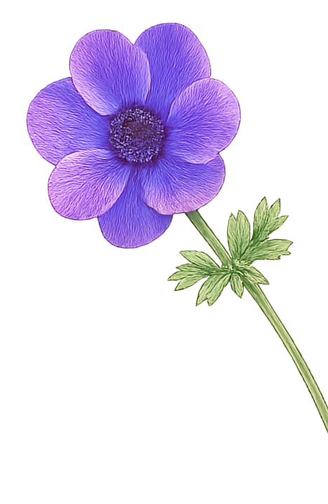 Lilla blomst med seks kronblader og grønn stilk med blader.