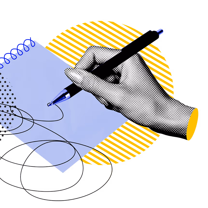Illustrasjon av en hånd som holder en penn og skriver på en notatblokk med blått papir, foran en gul sirkel med diagonale striper.