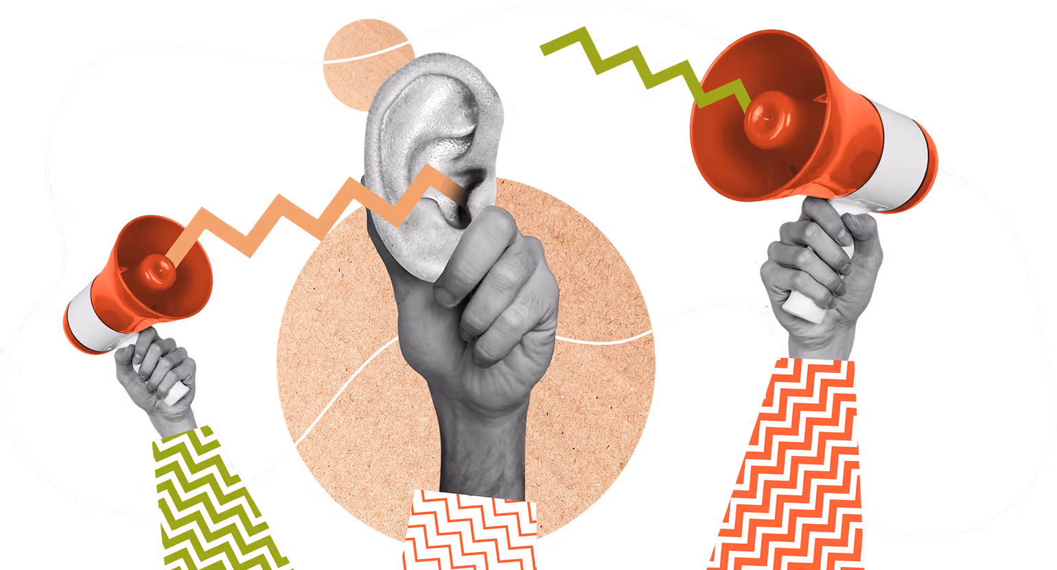 Hånd holder et stort øre, flankert av to hender med megafoner som sender zigzag-linjer mot øret.