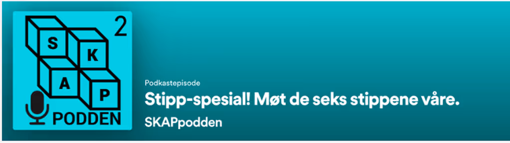 Logo med seks kubeformer med bokstavene S, K, A, P og tekst om stipp-spesial i SKAPpodden.