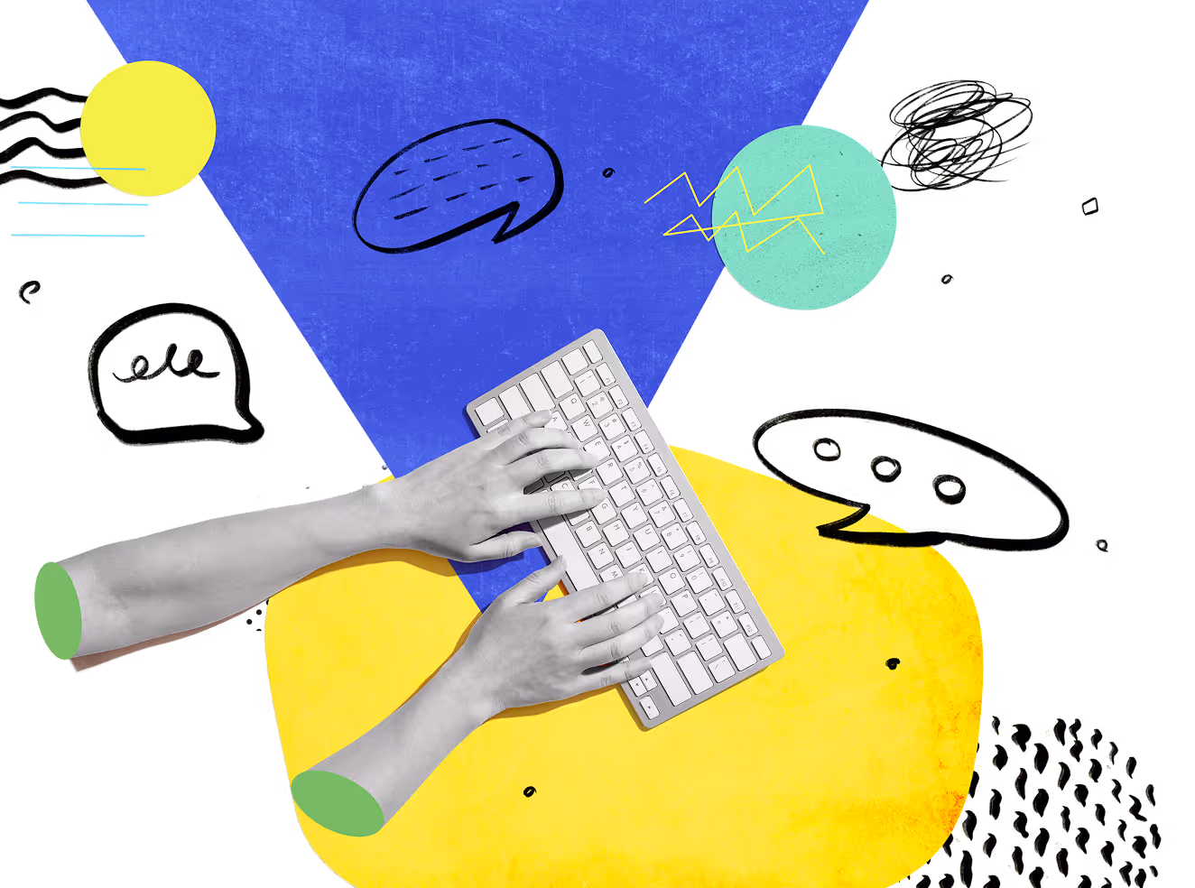 Grå armer med hender som skriver på et tastatur, omgitt av fargede geometriske former og håndtegnede snakkebobler.